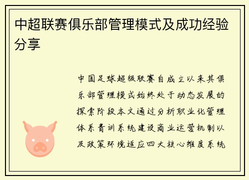 中超联赛俱乐部管理模式及成功经验分享