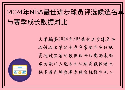 2024年NBA最佳进步球员评选候选名单与赛季成长数据对比